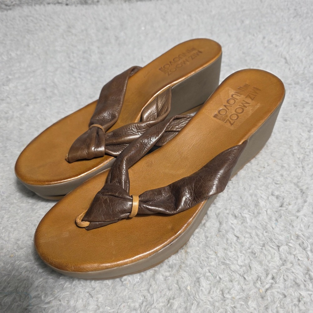 Miz Mooz Nuovo Women Brown Leather Wedge Thong Sandals EU 40 US 9‎
